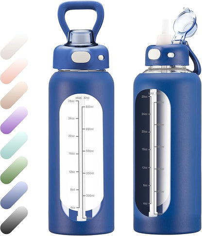 SIEROZUR 32 oz Glass Water Bottle with Straw and Handle 1 Liter Glass Water Bottle with Silicone Sleeve and Time Marker Sports Water Jug Wide Mouth for Travel Gym