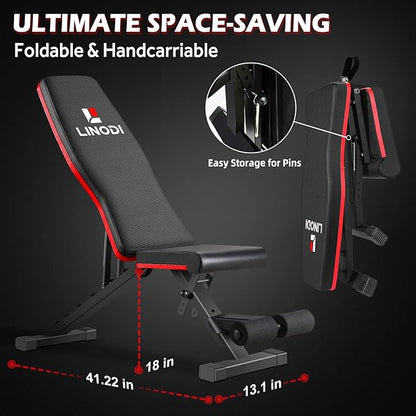 LINODI Adjustable Weight Bench for Home Gym，Foldable Incline Decline Flat Workout Bench for Full Body Strength Training, Dumbbell Press & Ab Exercises