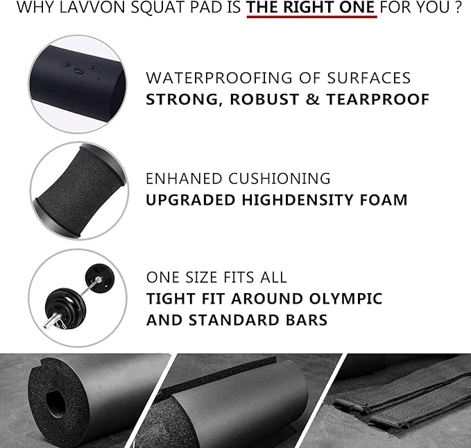 Squat Pad - Foam Barbell Pad for Squats Cushion, Lunges & Bar Padding for Hip Thrusts - Standard Weight Bar Pad - Provides Cushion to Neck and Shoulders While Training