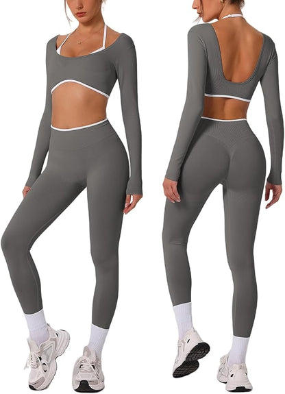 ABOCIW Workout Sets for Women Long Sleeve Crop Top Scrunch Butt Lifting High Waist Leggings 2 Piece Gym Yoga Outfits
