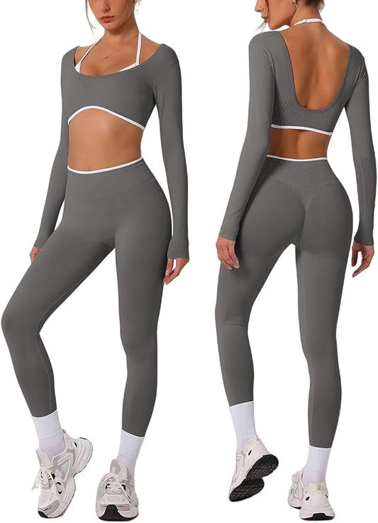 ABOCIW Workout Sets for Women Long Sleeve Crop Top Scrunch Butt Lifting High Waist Leggings 2 Piece Gym Yoga Outfits