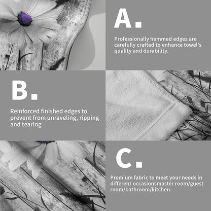 Black White Hand Towels Rustic Purple Daisy Butterfly Farmhouse Absorbent Kitchen Towels Set of 2 Spring Vintage Floral Soft Quick Dry Microfiber Dish Towels For Kitchen Bathroom Gym Face Towel