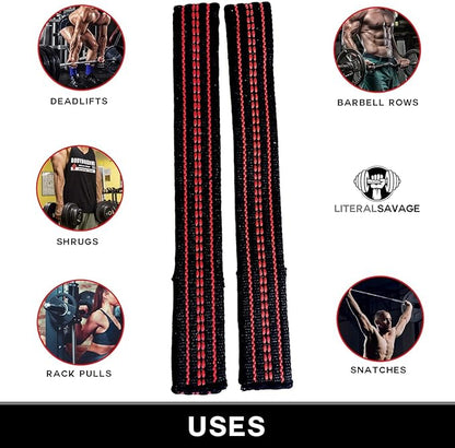25" Powerlifting Straps (Pair) – Dominate Deadlifts with Heavy Duty Cotton Wrist Wraps – Maximum Grip Support for Strength Training & Weightlifting – Red with Gray Stripe – For All Lifters: Newbies, Pros, Young Guns & Gym Vets
