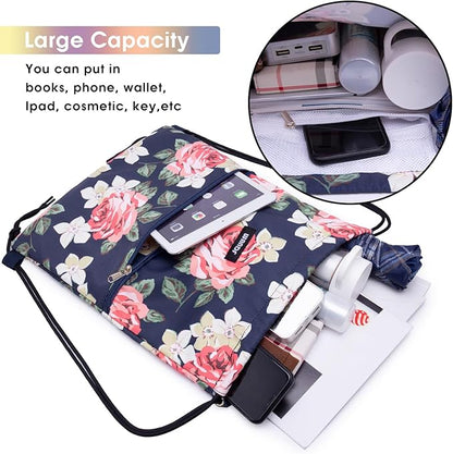WANDF Drawstring Backpack String Bag Sackpack Cinch Water Resistant Nylon for Gym Shopping Sport Yoga (Peony)