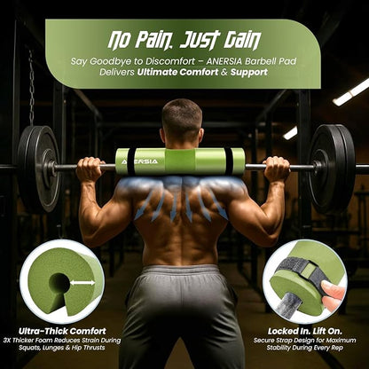 Barbell Pad for Squats & Hip Thrusts – 1.2” Extra-Thick High-Density Foam – Non-Slip Neck & Shoulder Support Cushion – Fits Olympic & Standard Bars – Quick On/Off Design + 2 Securing Straps