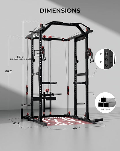 Mikolo K6 2.0 Power Cage, Power Rack with Cable Crossover System, 2000LBS Squat Rack with LAT Pull Down System, Functional Trainer with Aluminum Pulley System for Home Gym