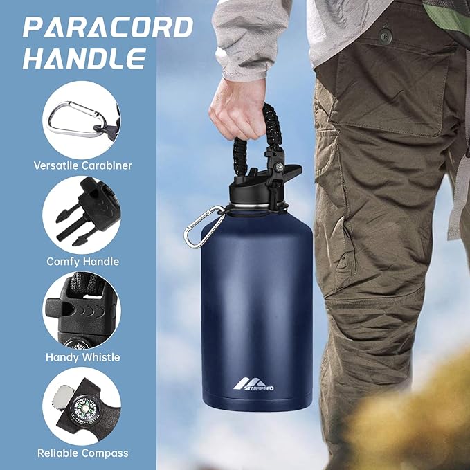StarSpeed One Gallon Insulated Water Bottle with Straws & 2 Lids, 128oz Stainless Steel Double Walled Vacuum Water Jug, Large Wide Mouth with Paracord Handle for Gym Camping Hiking, Navy Blue