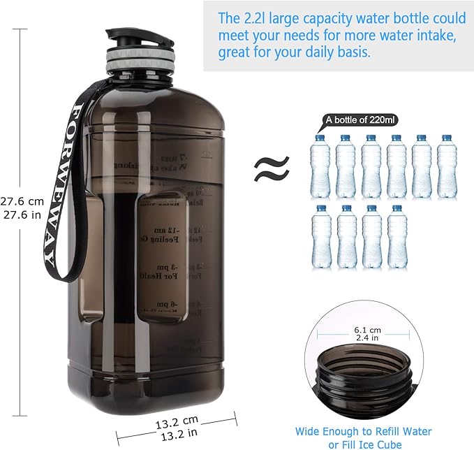 Water Bottle 2.2 Litre Triangular Extra-Strong 100% Leak proof Eco Plastic BPA Free 2.2L Large Half Gallon Gym Water Jug with Handle Time Marking (2.2L Black)