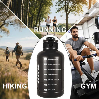 GEMFUL Water Bottle 2L with Time Marker & Handle 64oz Large Motivational Jug for Gym Workouts No Straw Leak Proof BPA Free (Black)