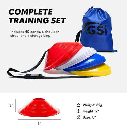 GSi Sports Training Cones for Agility Drills – Soccer & Basketball Multi-Sport Field Markers, Durable Flexible Cones in Multiple Shapes & Packs (20–80 Pack)