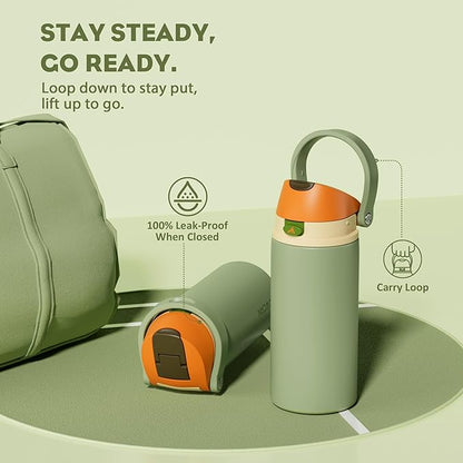 POWCAN 18 oz Metal Sports Water Bottle: 2-in-1 Push-Button Spout & Quick-Flip Straw, Leakproof, Cold 24 Hrs, Fits Car Cup Holder, Insulated Bottle for Hiking, Camping, School, Travel Gift (Olive Cool)