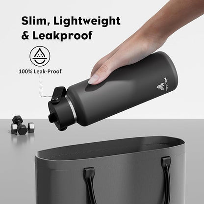 POWCAN 18 oz Stainless Steel Slim Water Bottle: Sweatproof, Flex Cap, Lightweight, Standard Mouth, Top Handle, Vacuum Insulated Flask with straw for Office, Home, Commute, Workouts (Stone Gray)