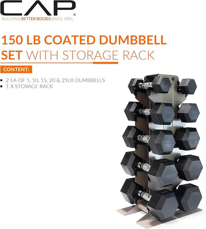 CAP Barbell Rubber Coated Hex Dumbbell Set with Vertical Rack | 100-300 lbs Free Weights Dumbbells Set for Home Gym | Multiple Options