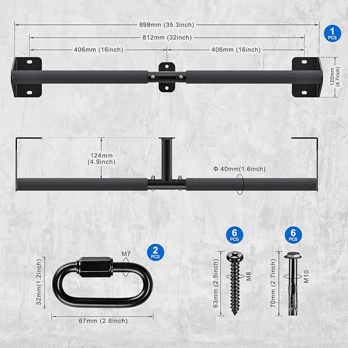 Kipika Wall Mounted Pull Up Bar - Heavy Duty 450 LB Capacity Doorway Chin Up Bar for Home Gym, Sturdy Steel Construction with Resistance Band Hooks | Hanging Exercise Bar for Full Body Workout
