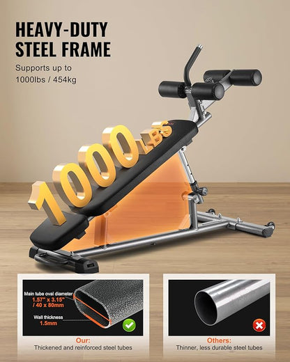 VEVOR Sit Up Bench, Decline Ab Bench with Reverse Crunch Handle, Adjustable Height Setting, Heavy Duty Steel, 500/600/1000 Lbs Capacity for Home Gym Workouts, Strength Training, Full Body Muscles