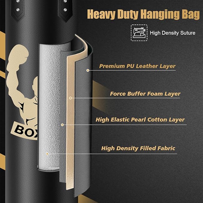 4FT Hanging Punching Bag for Adults, Super PU Leather Boxing Training Equipment Heavy Bag with 12OZ MMA Gloves, Unfilled Kicking Bag Boxing Set for Training Karate Kickboxing Muay Thai