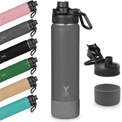 Y TOP 24oz Insulated Water Bottle Leak Proof Spout Lid Fits in Car Cup Holder – Double Wall Dishwasher Safe Easy Clean stainless steel drinking water bottle for Gym Kids Sports Travel Hiking School