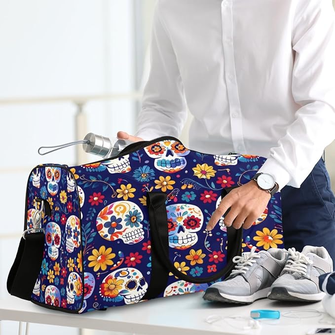 Travel Duffel Bag Skull Flower Colorful Sport Tote Gym Bag Waterproof Foldable Carryon Weekend Overnight Training Handbag Sports Duffle Bags for Women Men Boys Girls