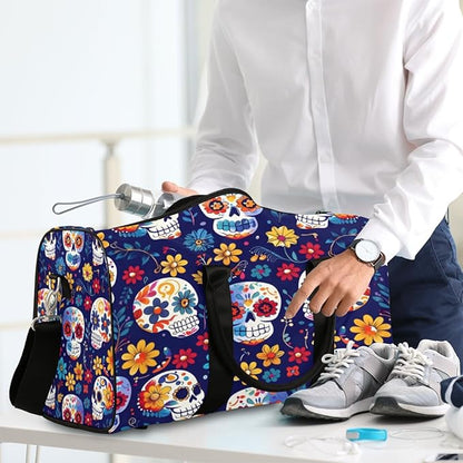 Travel Duffel Bag Skull Flower Colorful Sport Tote Gym Bag Waterproof Foldable Carryon Weekend Overnight Training Handbag Sports Duffle Bags for Women Men Boys Girls