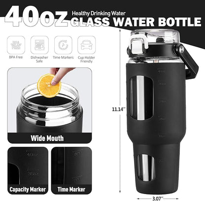BLUEGO 40 oz Glass Water Bottle with Straw, Leakproof Glass Drinking Bottle with Time Marker and Silicone Sleeve, Wide Mouth Water Bottle for Travel, Gym, Workout, Black
