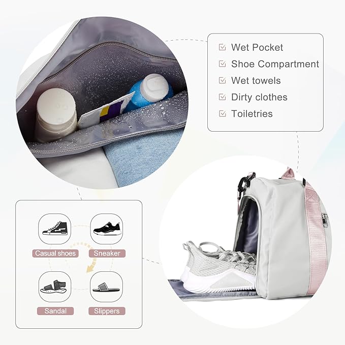 Gym Bag for Women Men with Shoes Compartment,Sports Duffle Bag Personal item travel Duffel Bags Tote Bag Small Carry on Weekender Overnight Bag Workout Dance Bag Hospital Holdalls Grey Pink