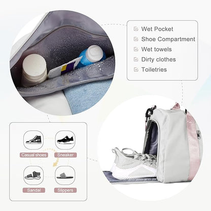 Gym Bag for Women Men with Shoes Compartment,Sports Duffle Bag Personal item travel Duffel Bags Tote Bag Small Carry on Weekender Overnight Bag Workout Dance Bag Hospital Holdalls Grey Pink