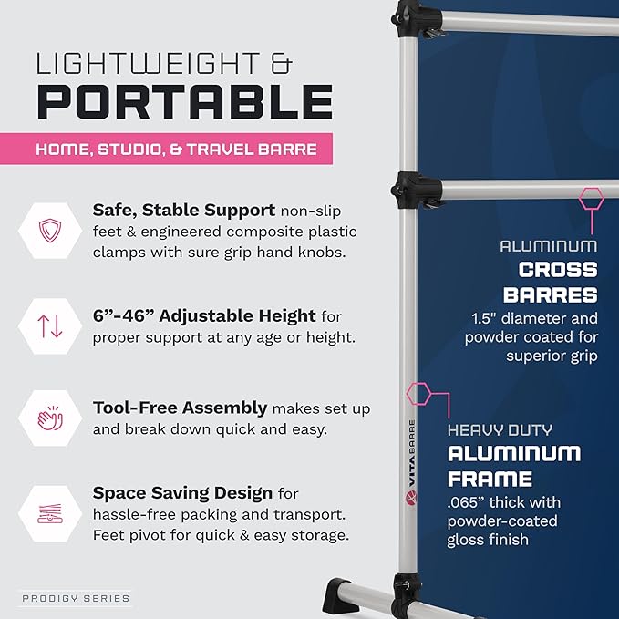 VITA Barre Portable Freestanding Double Ballet Barre, Prodigy, Aluminum | Adjustable Height, USA Made, Home or Gym Exercise Equipment for Kids & Adults | Dance, Fitness, Pilates