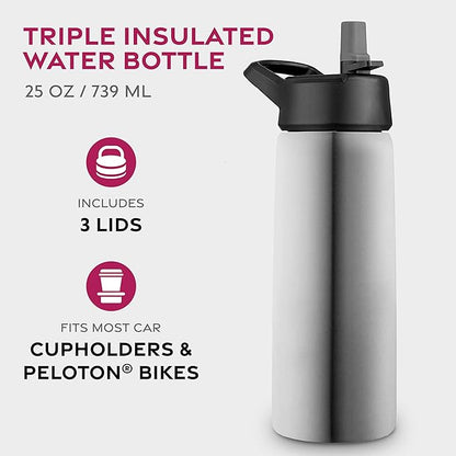 FineDine Triple Walled, Insulated Water Bottles with Straw - 25 Oz Stainless Steel Metal Bottle W/ 3 Leak Proof Lids - For Travel, School, Sports, Gym / Men, Women & Kids - Brushed Stainless Steel