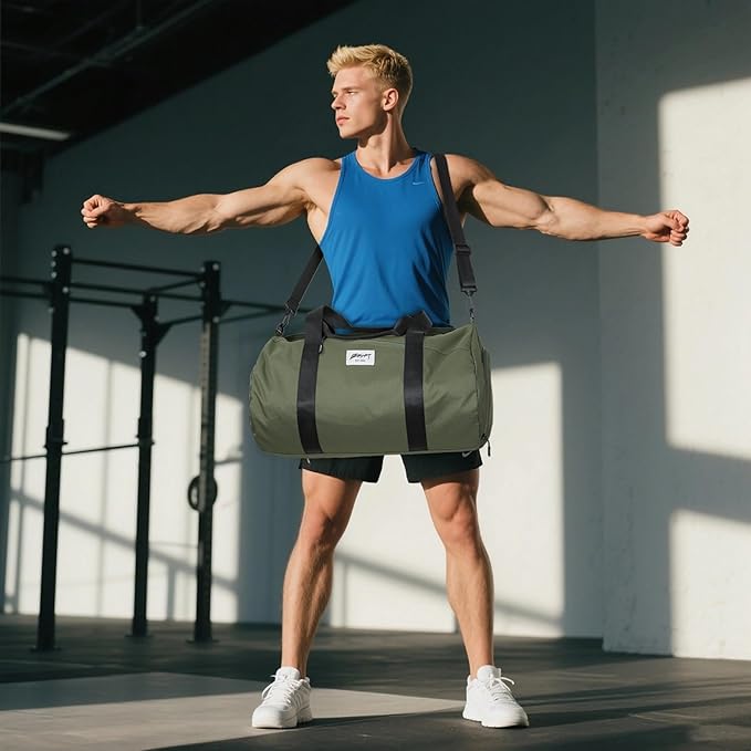 BE SMART Waterproof Mens Gym Bag with Shoe Compartment, Duffle Bag with Wet Pocket for Men, Lightweight Large Sport Duffel Bag With Tpu Pocket for Travel, Sports, Fitness & Workout(Olive Green)