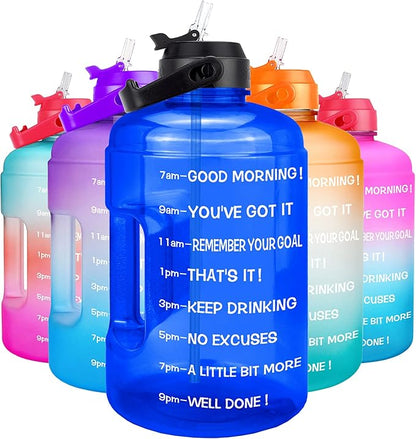 QuiFit 1 Gallon Water Bottle - with Straw & Motivational Time Marker Leak-Proof BPA Free Reusable Gym Sports Outdoor Large(128OZ/73OZ) Capacity Water Jug