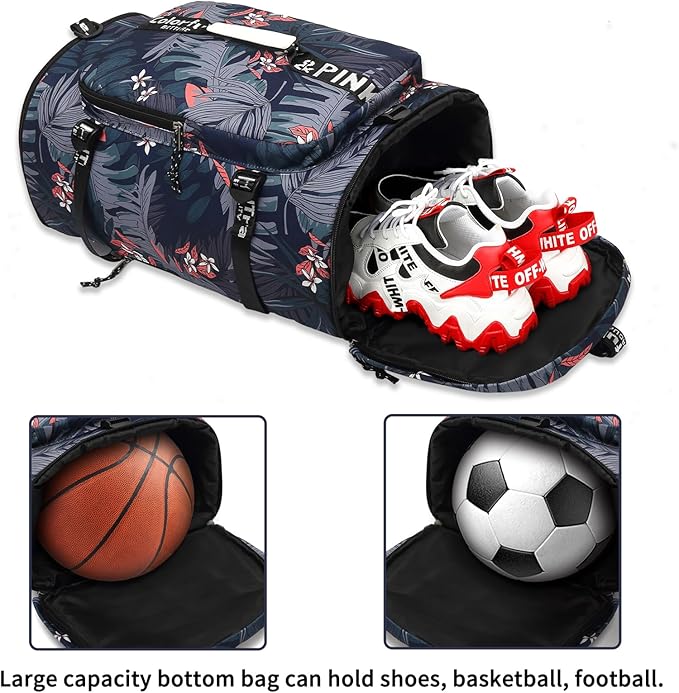Floral gym duffel bag backpack, fashion wrestling bag,with shoe compartment, 4 kinds of back method waterproof travel sports walking laptop Lightweight (A-Floral Blue)