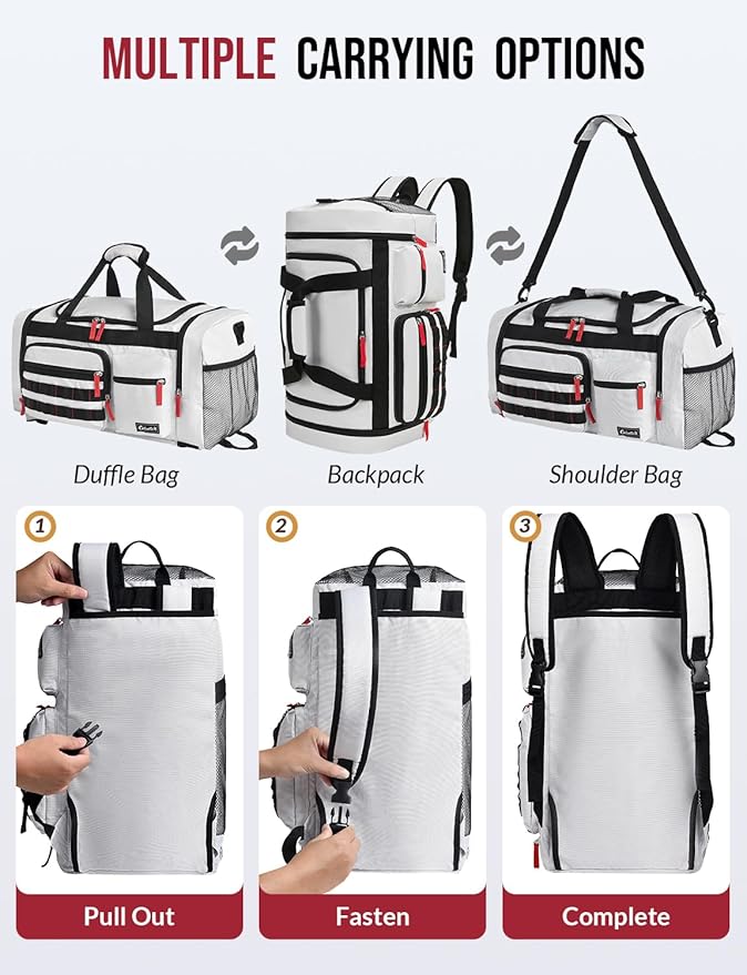 Gym Bag for Men Women with Shoes Compartment 3-in-1 Sports Travel Duffel Bag Multipurpose Weekender Overnight Backpack with Wet Pocket - Grey