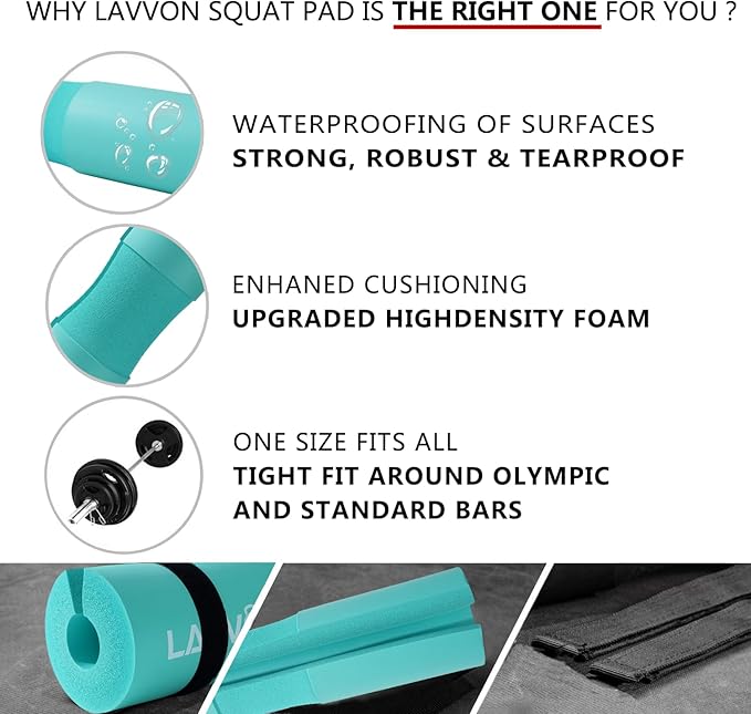 Squat Pad Set - Foam Barbell Pad for Squats Cushion, Lunges & Bar Padding for Hip Thrusts - Standard Olympic Weight Bar Pad - With Ankle Straps, Wrist Straps for Weightlifting