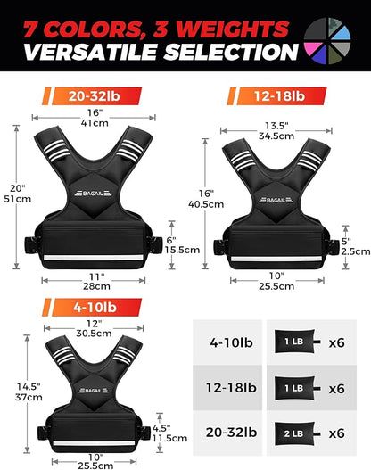 BAGAIL Adjustable Weighted Vest 4-10lb/12-18lb/20-32lb, Comfortable X-Shape & U-Neck Weight Vest for Women and Men Walking with 6 Removable Weights, Large Pocket and Reflective Strips