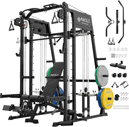 Mikolo M4 2.0 Smith Machine, 2200lbs Squat Rack with LAT-Pull Down System & Cable Crossover Machine, Training Equipment with Leg Hold-Down Attachment