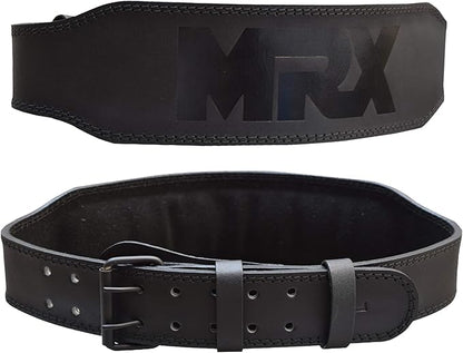 MRX Weight Lifting Belt Genuine Leather - 4 Inches Wide 8mm Thick Padded Lumbar Back Support Double Prong Powerlifting Belts Heavy Duty Deadlifts Workout Squats & Exercise Belt for Men & Women