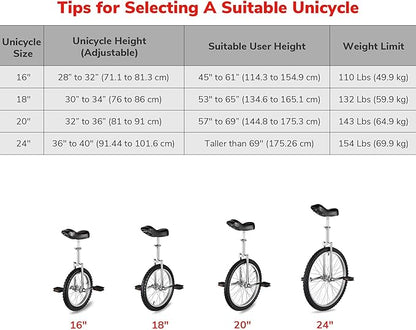 AW 16/18/20/24 Inch Wheel Outdoor Unicycle Adjustable Seat Exercise Bicycle Fit Adults Kids Outdoor Sports Fitness Exercise, for Choice
