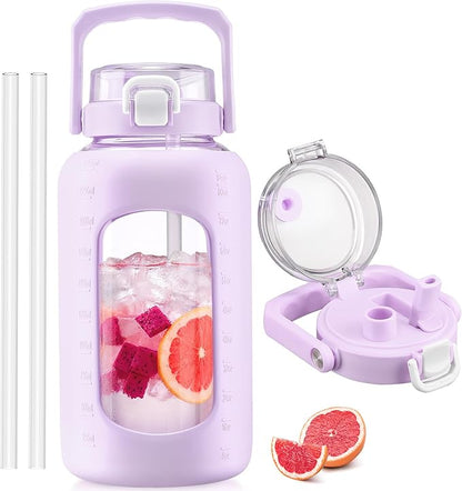 BLUEGO 84oz Glass Water Bottle with Straw and Handle, Large Water Bottle with Sip & Chug Lid, 2.5L Water Jug Silicone Sleeve with Time, Full Day Drinking Bottle for Sports BPA Free, Purple