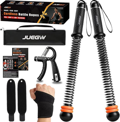 Cordless Battle Ropes for Home Workout – Ropeless Adjustable HIIT & Strength Training Kit with Hand Gripper & Wrist Wraps – Portable Full Body Fitness Equipment for Small Spaces
