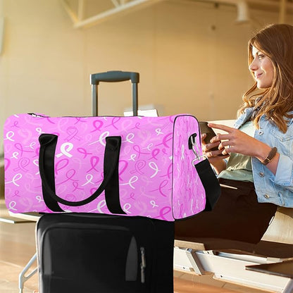 Travel Duffel Bag Breast Cancer Awareness Ribbon Sport Tote Gym Bag Waterproof Foldable Carryon Weekend Overnight Training Handbag Sports Duffle Bags for Women Men Boys Girls