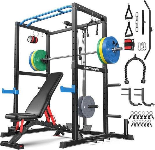 Sportsroyals Squat Rack, LAT Power Cage, Power Rack Multi-Function with Pulley System and Training Attachments for Home Gym