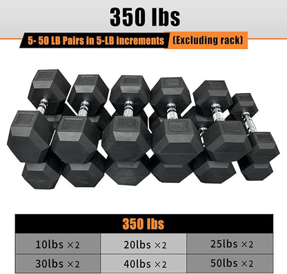 350/450/550 lbs Hex Weight Dumbbells Sets with Rack 5-45lbs Rubber Gym Equipment Coated Dumbbell Free Weights Set for Home Exercises Set of Weights Dumbbells and Rack