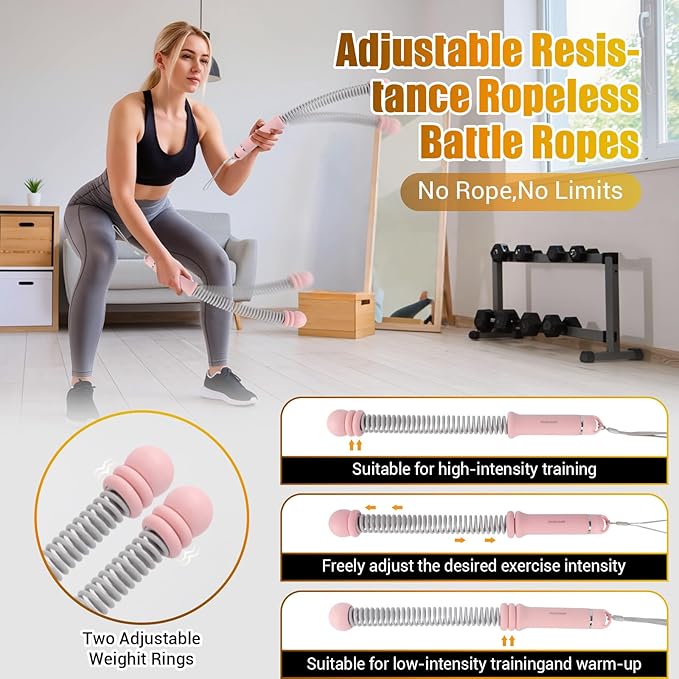 Portable Ropeless Battle Ropes, Adjustable Weights Cordless Battle Ropes for Home Gym with Storage Bag, Weighted Exercise Equipment for Low-Impact Workout, Strength & HIIT, for Men & Women (Pink)