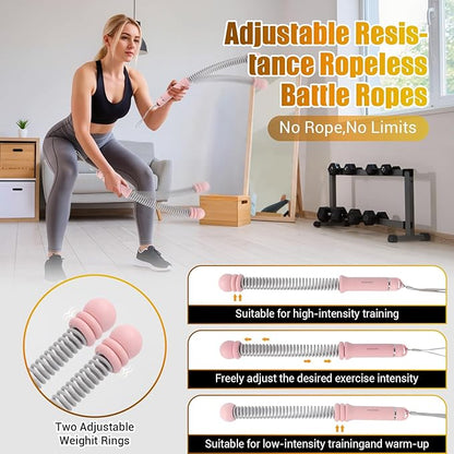 Portable Ropeless Battle Ropes, Adjustable Weights Cordless Battle Ropes for Home Gym with Storage Bag, Weighted Exercise Equipment for Low-Impact Workout, Strength & HIIT, for Men & Women (Pink)