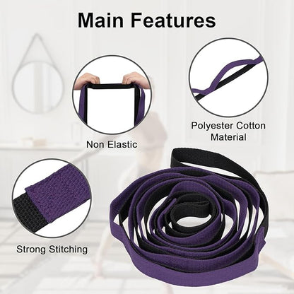 Yoga Strap for Stretching with 10 Loops Inelastic Soft Polyester Cotton Stretch Out Band for Exercise, Yoga, Pilates and Dance for Men and Women