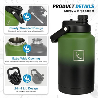 NATURE PIONEOR 1 Gallon Insulated Water Bottle - Double Vacuum Stainless Steel 128 oz Water Bottle with Holder, Wide Mouth & 2-in-1 Lid (Flip Straw & Spout), 1 Gallon Water Jug, Hiking, Camping, Gym