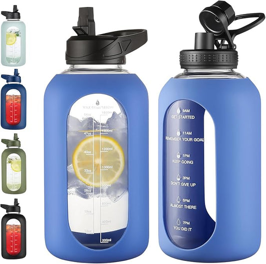 64 oz Glass Water Bottle With Straw and Handle, Half Gallon Sports Motivational Water Jug Flask with Silicone Sleeve, Large Water Cup with Time Marker for Travel, Gym, Blue