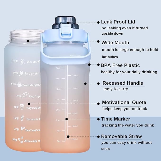 Large Motivational Water Bottle with Straw Time Marker BPA Free for Sport and Fitness (64 Oz/Half Gallon) (blue-orange)
