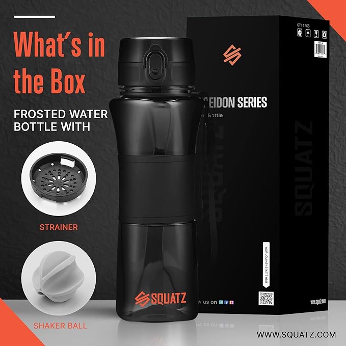SQUATZ 24 Oz Poseidon Series Water Bottle with Shaker Ball - Premium Quality Wide Mouth Gym Flask w/Fruit Infuser Strainer, Fixed Buckle Carrying Strap, Zero Condensation Sleeve, Black