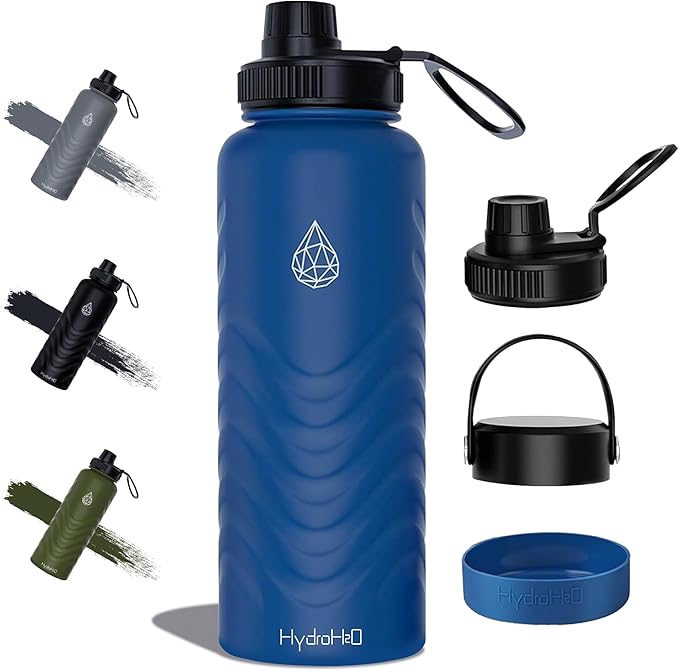 24oz Stainless Steel Insulated Water Bottle, 48H Ice Cold & 24H Hot, Leak-Proof Wide Mouth Lids (Straw & Spout), BPA-Free Bottles, Mens Water Bottle for Gym, Hiking, Travel - Blue